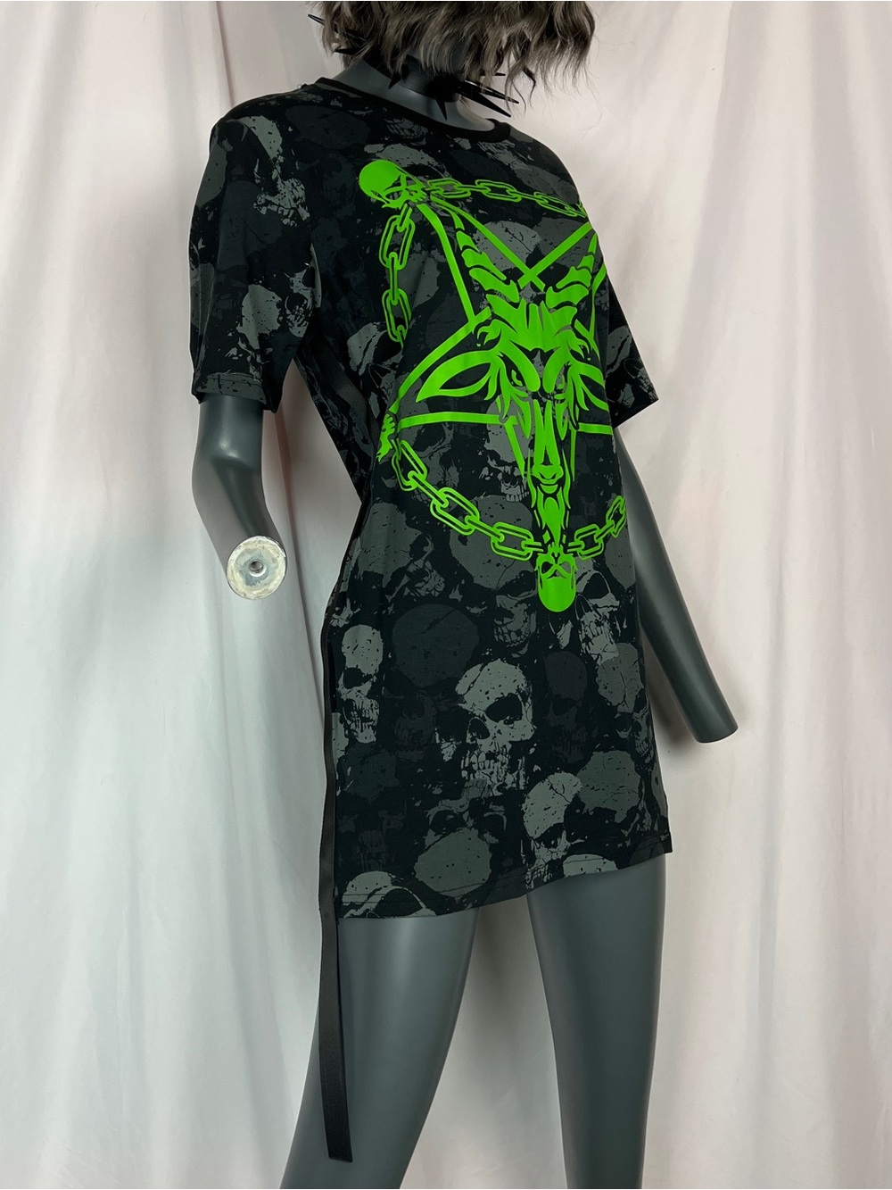 Killstar Black / Grey / Neon Green Tzompantli Baphomet Chain Oversized T-Shirt